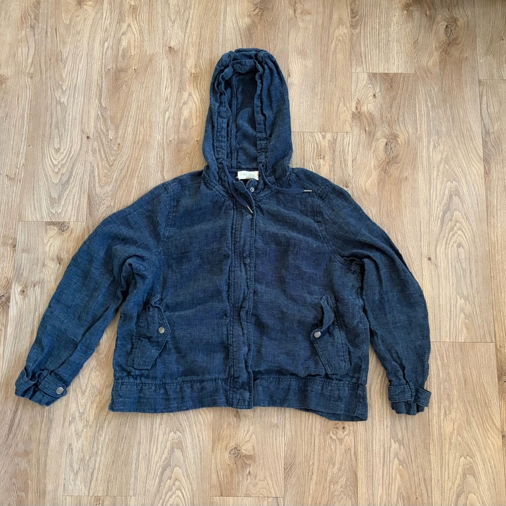 C&C California Women’s Dark Navy Hooded Jacket 100% Linen Lightweight XL